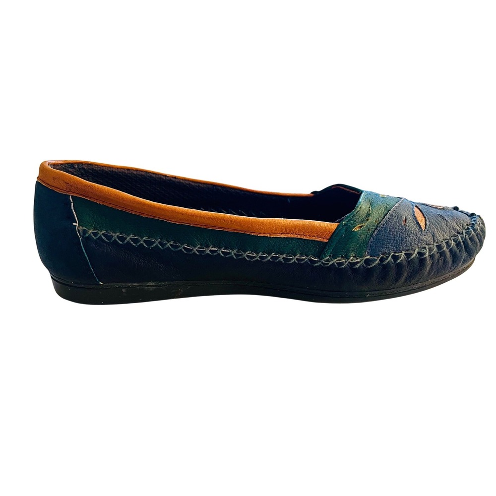 Women's Loafers Boho Blue Green Leather Cutout Slip On Loafer Flats Shoes Size11 - Picture 4 of 6